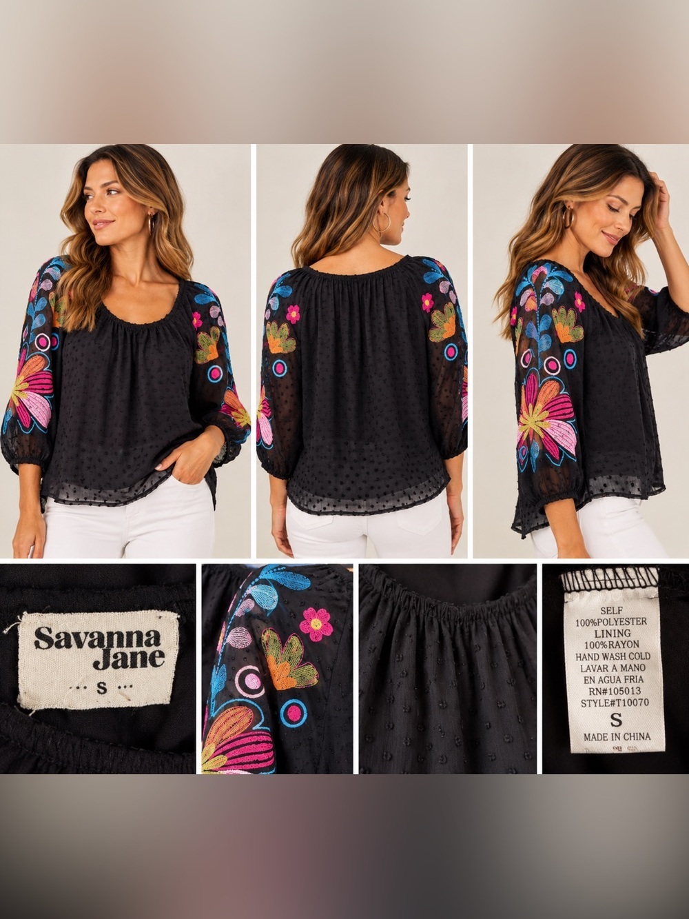 Savanna Jane Black Swiss Dot Floral Embroidered Boho Blouse Size S - Picture 1 of 5